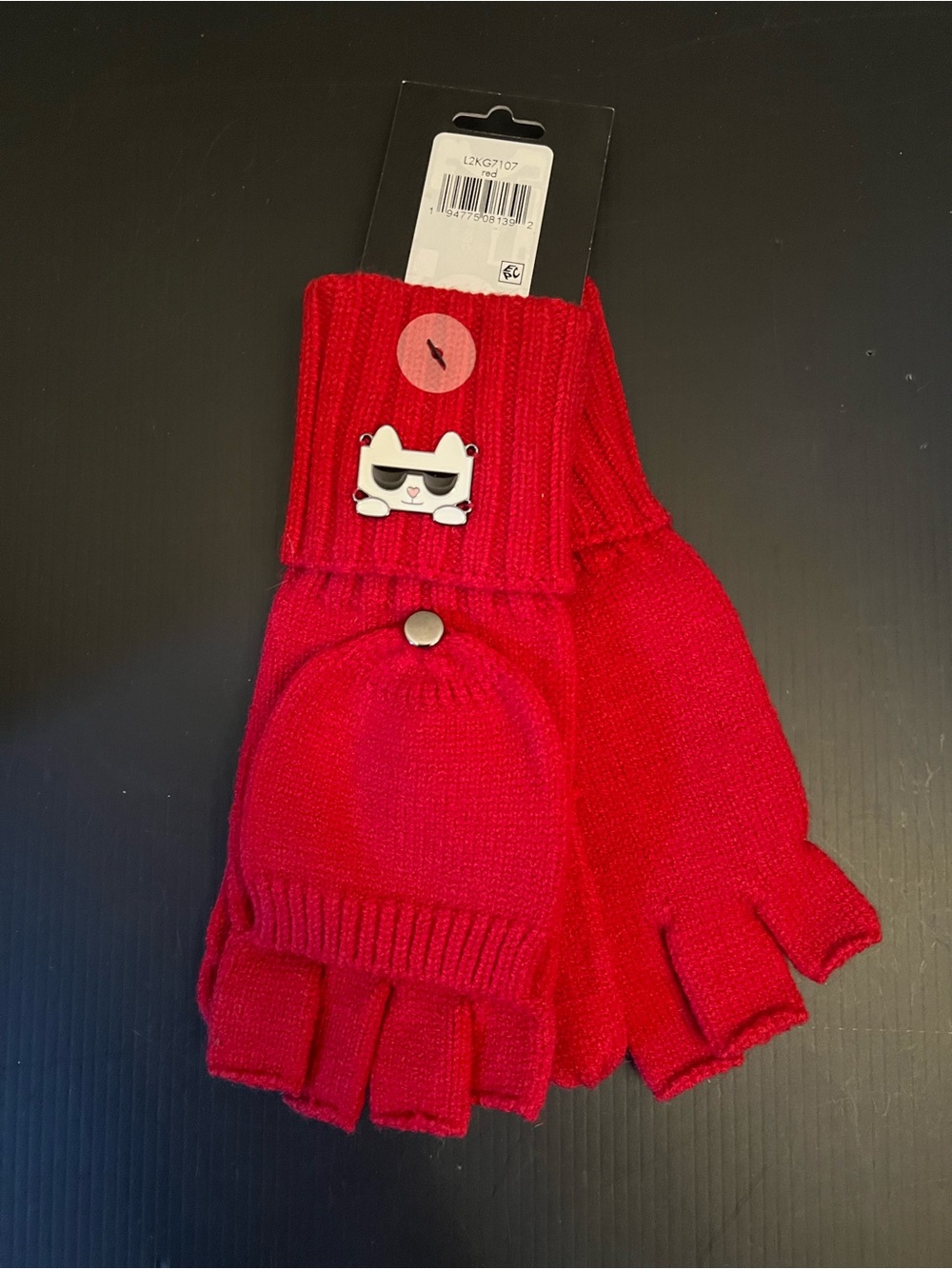 KL Red Convertible Fingerless Gloves with Cat Charm